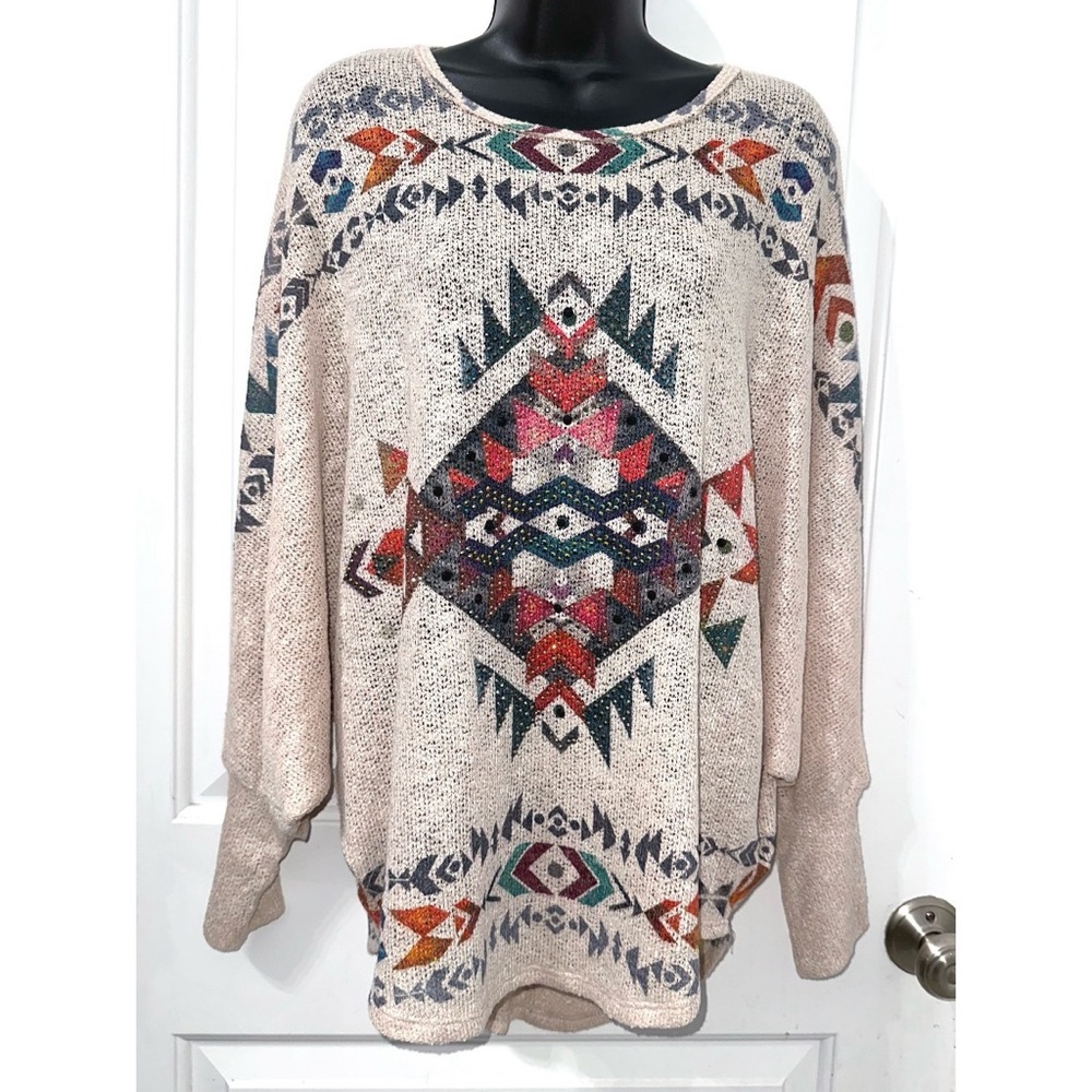 Vocal Beige Southwestern Style Knit top With Rhinestones on Front